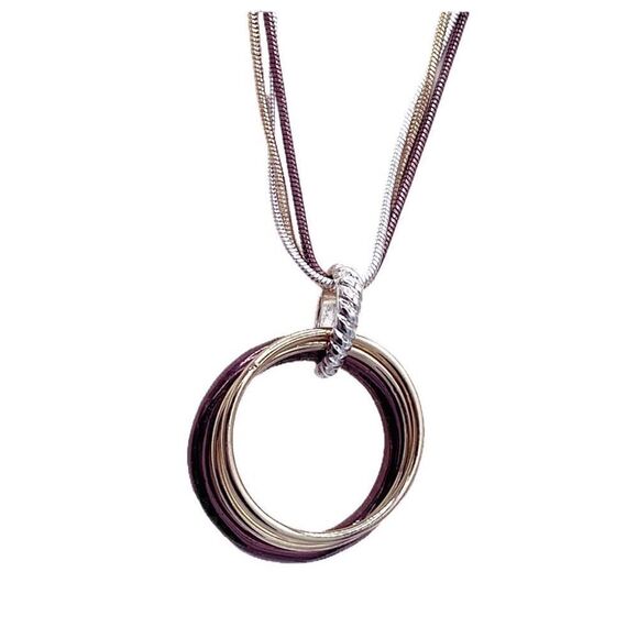 Triple strand mixed metals chains rings pendant necklace - Picture 2 of 10